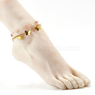 Ensemble de bracelets de cheville en perles de quartz fraise naturelle pour fille femme(AJEW-AN00450-03)-7