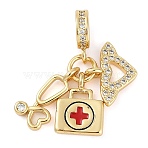 Rack Plating Brass Clear Cubic Zirconia European Dangle Charms, Enamel Stethoscope & First-aid Case Large Hole Pendants, Real 18K Gold Plated, Long-Lasting Plated, Cadmium Free & Lead Free, Red, 27mm, Hole: 4.5mm(X-KK-P287-14G)