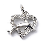 Brass Micro Pave Cubic Zirconia Charms, with Jump Ring, Cadmium Free & Lead Free, Heart with Dolphin Charms, Platinum, 12x12x2.8mm, Hole: 3.2mm(ZIRC-F131-15P)