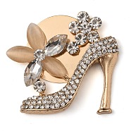 Alloy Glass Rhinestone Cabochons, with Resin, High-heeled Shoes with Flower, Light Gold, 37.5x42x6.5mm(ALRI-E008-01KCG)