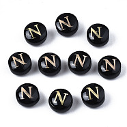 Handmade Lampwork Beads, with Golden Plated Brass Etched Metal Embellishments, Flat Round with Alphabet, Letter.N, 8x5mm, Hole: 0.8mm(LAMP-S196-001N)