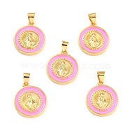 Brass Enamel Pendants, Cadmium Free & Lead Free, Long-Lasting Plated, Flat Round with Virgin Mary, Real 18K Gold Plated, Pink, 18x16x2.5mm, Hole: 4.5x3.5mm(KK-P209-03G-11-RS)