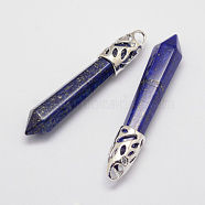 Natural Lapis Lazuli Big Pointed Pendants, with Alloy Findings, Bullet, Platinum, 57~63x13x10mm, Hole: 3x4mm(G-D860-C03-P)