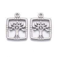 304 Stainless Steel Pendants, Rectangle with Tree of Life, Stainless Steel Color, 28.5x21.5x2mm, Hole: 2.5mm(STAS-F249-24P)