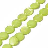 Spray Painted Natural Freshwater Shell Beads Strands, Flat Round, Green Yellow, 12.5x3mm, Hole: 1mm, about 32pcs/strand, 15.63 inch(39.7cm)(SHEL-C003-05G)