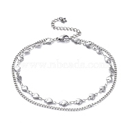 304 Stainless Steel Multi-Strand Anklets, with Lobster Claw Clasps, Heart, Stainless Steel Color, 9-1/4 inch(23.4cm)(AJEW-AN00322)
