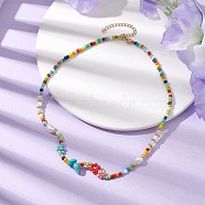 Flower Glass Seed & Pearl Beaded Necklaces, with Synthetic Turquoise Chip, 14.57 inch(37cm)(NJEW-JN04677-01)