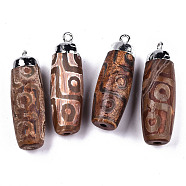 Tibetan Style 9-EyedZi Pendants, Natural Agate Rice Pendants, with Platinum Brass Findings and Iron Loop, Dyed, Barrel, Sienna, 44.5~46x14~15mm, Hole: 2mm(G-T131-92C)