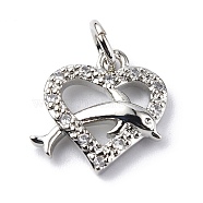 Brass Micro Pave Cubic Zirconia Charms, with Jump Ring, Heart with Dolphin Charms, Platinum, 12x12x2.8mm, Hole: 3.2mm(ZIRC-F131-15P)