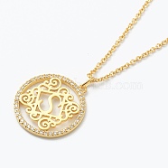 Brass Micro Pave Clear Cubic Zirconia Pendant Necklaces, Flat Round with Letter, Real 18K Gold Plated, Letter.S, 16.14~17.20 inch(41~43.7cm)(NJEW-J059-01S)