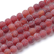 Natural & Dyed Crackle Agate Bead Strands, Frosted Style, Round, Dark Red, 10mm, Hole: 1.2mm, about 37~40pcs/strand, 14.9~15.1 inch(38~38.5cm)(G-T056-10mm-05)