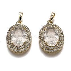 Golden Plated Brass Micro Pave Clear Cubic Zirconia Pendants, with Glass, with Snap on Bails, Long-Lasting Plated, Oval, Clear, 22.5x16x7mm, Hole: 3x5mm(ZIRC-F123-02D)