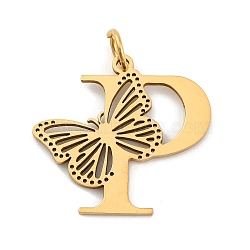 Ion Plating(IP) 201 Stainless Steel Pendants, Letter with Butterfly Charms, Golden, Letter P, 27x29x1.5mm, Ring: 7x1mm, Hole: 5mm(STAS-N103-184G-P)