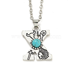 Letter A~Z Antique Silver Plated Alloy with Synthetic Turquoise Pendant Necklace, with Iron Cable Chains, Letter X, 18.70 inch(475mm), Letter X: 25.5x19mm(NJEW-G080-01X)