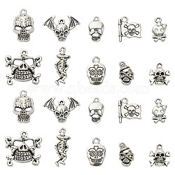 100Pcs 10 Styles Tibetan Style Alloy Pendants, Skull, Antique Silver, 16~24x9~23x2~7mm, 10pcs/style(SKUL-CJ0001-01)