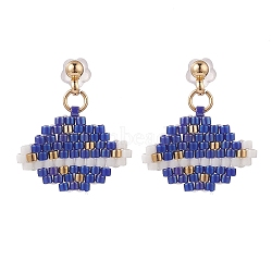 Glass Seed Braided Planet Dangle Stud Earrings, Golden 304 Stainless Steel Wire Wrap Jewelry for Women, Blue, 20mm, Pin: 0.9mm(EJEW-MZ00013-01)