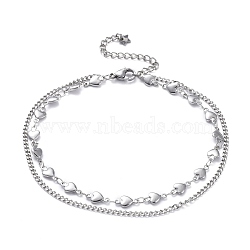 Tarnish Resistant 304 Stainless Steel Multi-Strand Anklets, with Lobster Claw Clasps, Heart, Stainless Steel Color, 9-1/4 inch(23.4cm)(AJEW-AN00322)