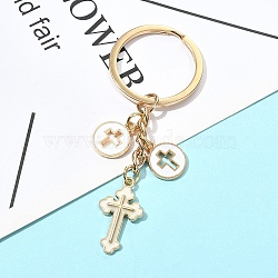 Alloy Enamel Keychain, with Iron Rings, Corss, White, 79mm(KEYC-YW00165-01)