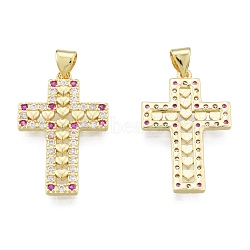 Brass Micro Pave Cubic Zirconia Pendants, Real 18K Gold Plated, Cross, Magenta, 27x17x2mm, Hole: 3.5x4mm(KK-G431-30G-02)