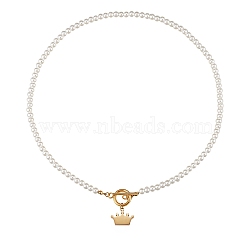 304 Stainless Steel Pendant Necklaces, with Acrylic Imitation Pearl Round Beads and Toggle Clasps, Crown, White, Golden, 17.99 inch(45.7cm)(NJEW-SZ0001-33)