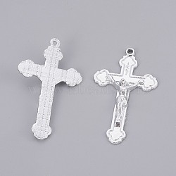 Alloy Pendants, Long-Lasting Plated, Crucifix Cross, For Easter, Silver Color Plated, 48x29x5mm, Hole: 1.5mm(PALLOY-E415-02S-AAA)