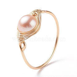 Natural Round Shell Pearl Beads Finger Ring, Wire Wrap Copper Ring for Women, Golden, Pearl Pink, US Size 10 1/4(19.9mm)(RJEW-JR00412)