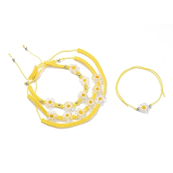 Adjustable Nylon Thread Braided Bead Bracelets Sets, with Handmade Millefiori Glass Beads, Flower, Gold, Inner Diameter: 1-3/4~3-1/2 inch(4.5~9cm), 4pcs/set