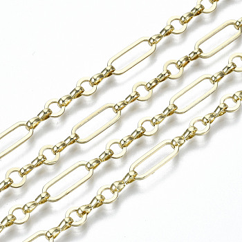 Brass Paperclip Chains, Drawn Elongated Cable Chains, Long-Lasting Plated, Soldered, Light Gold, Oval: 14x5.5x1mm, Ring: 5x1mm, Quick Link Connectors: 8x3.5x1.5mm