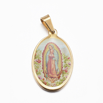 304 Stainless Steel Lady of Guadalupe Pendants, Flat Oval, with Virgin Mary, Golden, 27x17x3mm, Hole: 6x4mm
