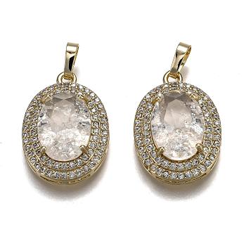 Golden Plated Brass Micro Pave Clear Cubic Zirconia Pendants, with Glass, with Snap on Bails, Long-Lasting Plated, Oval, Clear, 22.5x16x7mm, Hole: 3x5mm