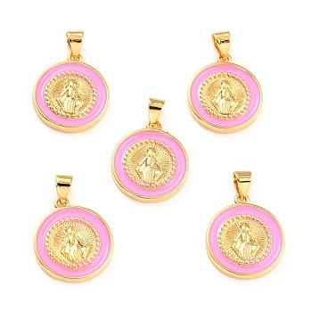 Brass Enamel Pendants, Cadmium Free & Lead Free, Long-Lasting Plated, Flat Round with Virgin Mary, Real 18K Gold Plated, Pink, 18x16x2.5mm, Hole: 4.5x3.5mm