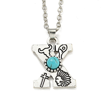Letter A~Z Antique Silver Plated Alloy with Synthetic Turquoise Pendant Necklace, with Iron Cable Chains, Letter X, 18.70 inch(475mm), Letter X: 25.5x19mm