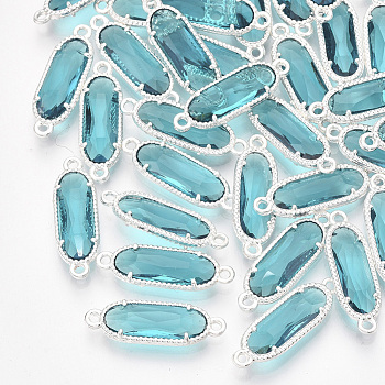 Glass Links, with Silver Color Plated Eco-Friendly Alloy Findings, Faceted, Oval, Dark Turquoise, 21x7x3mm, Hole: 1.2mm