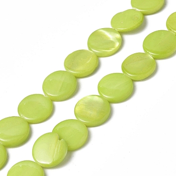 Spray Painted Natural Freshwater Shell Beads Strands, Flat Round, Green Yellow, 12.5x3mm, Hole: 1mm, about 32pcs/strand, 15.63 inch(39.7cm)