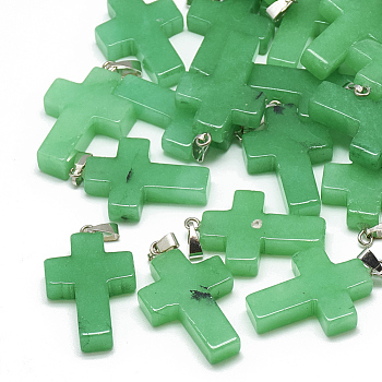 Dyed Natural Malaysia Jade Pendants, with Stainless Steel Snap On Bails, Cross, 29~30x18~19x5~6mm, Hole: 6x4mm