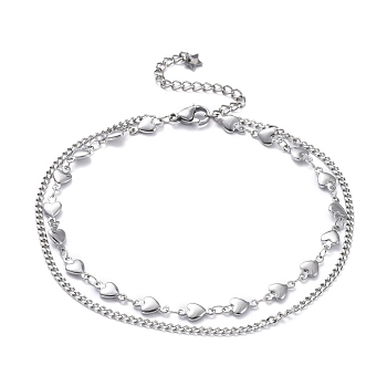 304 Stainless Steel Multi-Strand Anklets, with Lobster Claw Clasps, Heart, Stainless Steel Color, 9-1/4 inch(23.4cm)