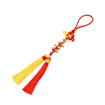 Polyester Tassel & Chinese Knot Pendant, with Brass Gourds, for KeyChain and Car Good Luck Decor, Colorful, 350mm
