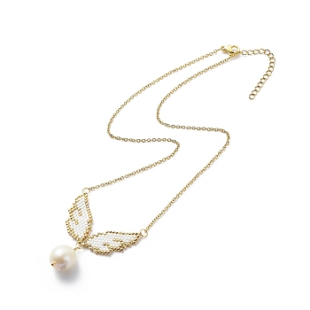 Glass Seed Wing with Natural Pearl Pendant Necklace, Golden Brass Jewelry for Women, Gold, 16.38 inch(41.6cm)