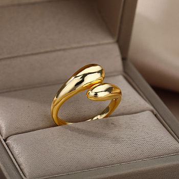 Brass Cuff Rings for Women, Teardrop, Golden, 25x23mm