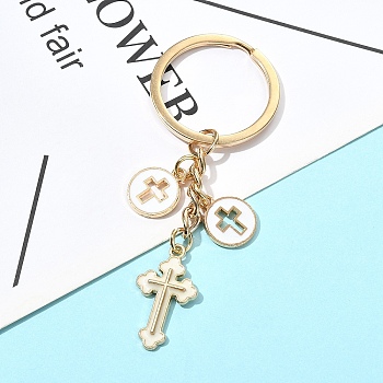 Alloy Enamel Keychain, with Iron Rings, Corss, White, 79mm