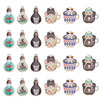 24Pcs 6 Styles Printed Alloy Pendants Sets, Cat Charms, Cadmium Free & Lead Free, Golden, Mixed Color, 22.7~25x15~22.5x1.8mm, Hole: 1.8mm, 4pcs/style
