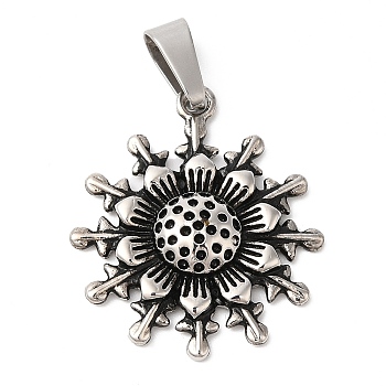 304 Stainless Steel Pendant Rhinestone Settings, Flower Charms, Antique Silver, Fit for 1mm Rhinestone, 33x28.5x5mm, Hole: 5mm