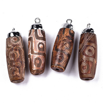 Tibetan Style 9-EyedZi Pendants, Natural Agate Rice Pendants, with Platinum Brass Findings and Iron Loop, Dyed, Barrel, Sienna, 44.5~46x14~15mm, Hole: 2mm
