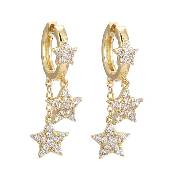 Brass Micro Pave Clear Cubic Zirconia Huggie Hoop Earrings, Long-Lasting Plated, Star, Real 18K Gold Plated, 32.5mm, Pin: 0.9mm