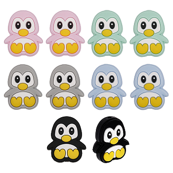 10Pcs 5 Colors Penguin Food Grade Eco-Friendly Silicone Beads, Chewing Beads For Teethers, DIY Nursing Necklaces Making, Mixed Color, 28x24x9mm, Hole: 2mm, 2pcs/color