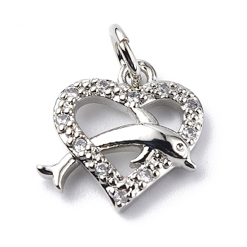 Brass Micro Pave Cubic Zirconia Charms, with Jump Ring, Heart with Dolphin Charms, Platinum, 12x12x2.8mm, Hole: 3.2mm