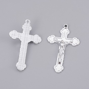 Alloy Pendants, Long-Lasting Plated, Crucifix Cross, For Easter, Silver Color Plated, 48x29x5mm, Hole: 1.5mm