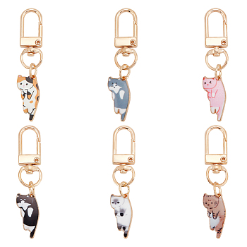 6Pcs 6 Colors Cute Cat Alloy Enamel Pendant Decorations, Swivel Clasps Charms, Clip-on Charms, for Keychain, Purse, Backpack Ornament, Light Gold, Mixed Color, 60mm, 1pc/color