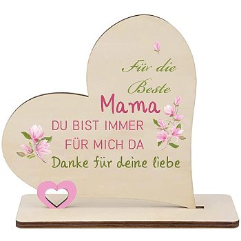 Wooden Heart Table Decorations, Tabletop Centerpiece Signs, with Base, for Mother's Day, Flower Pattern, Finished Product: 60x190x180mm