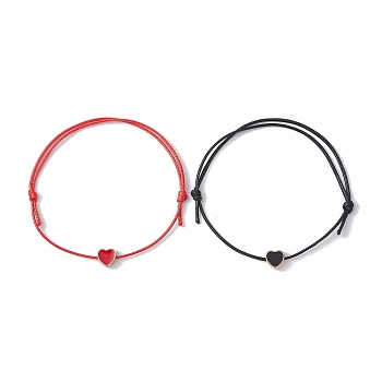 2Pcs 2 Color Alloy Enamel Heart Braided Bead Bracelets Set, Waxed Polyester Cords Adjustable Bracelets, Mixed Color, Inner Diameter: 3-3/8 inch(8.5cm), 1Pc/color